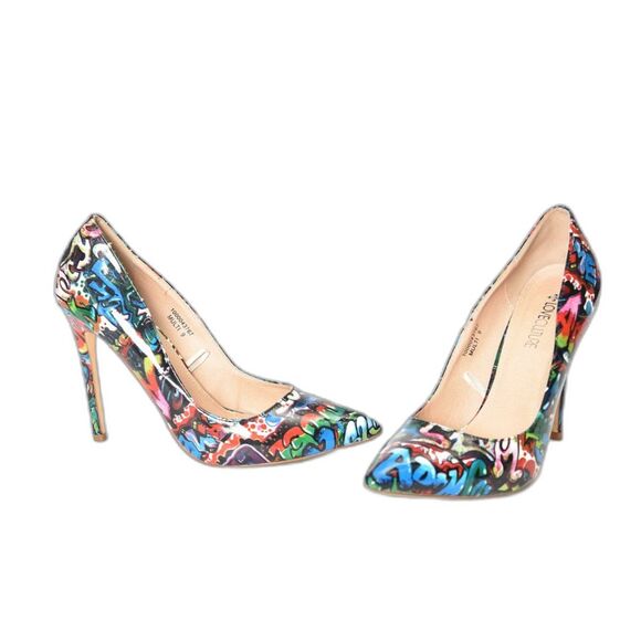 Love Culture Graffiti Heel Patent Leather Stiletto Heel Size 4.5" Size 9 - Picture 4 of 5